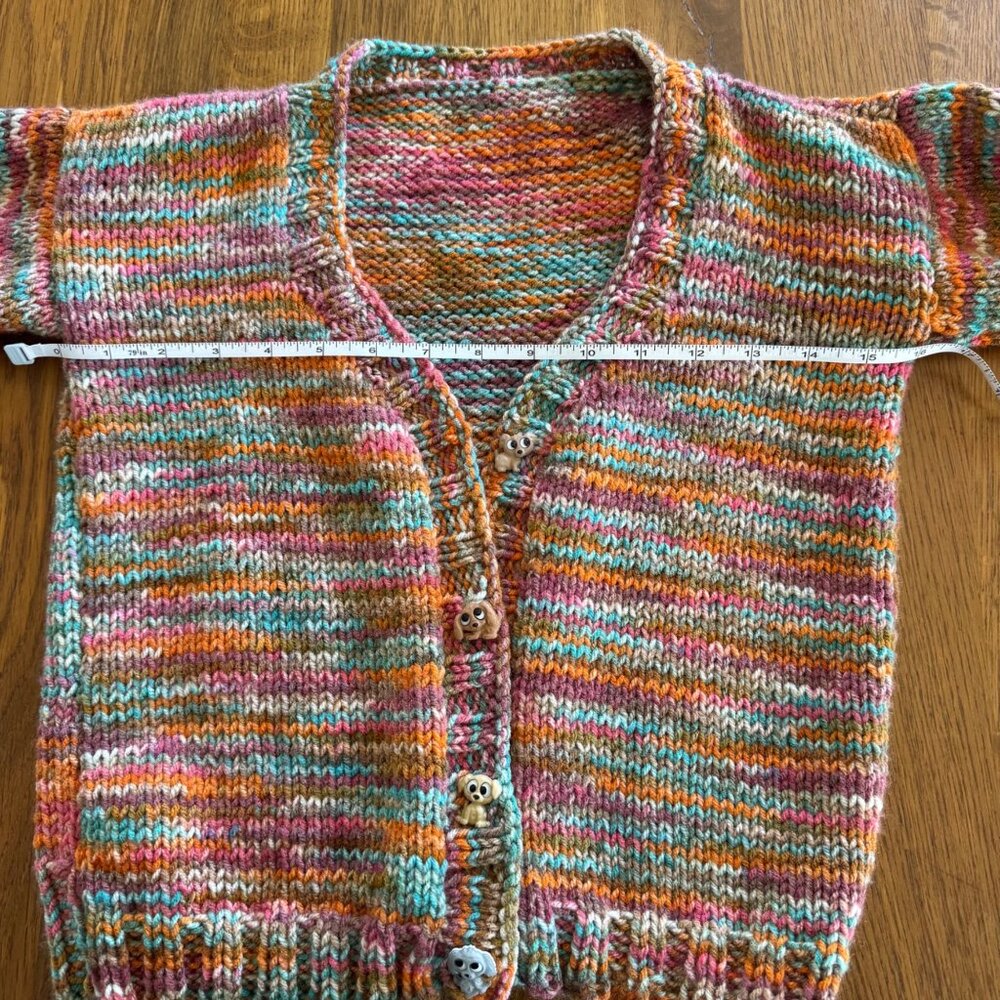 HAND KNIT Oversized Multicolor Cardigan Girls 8 Dog Buttons Handmade Sweater - Picture 6 of 9